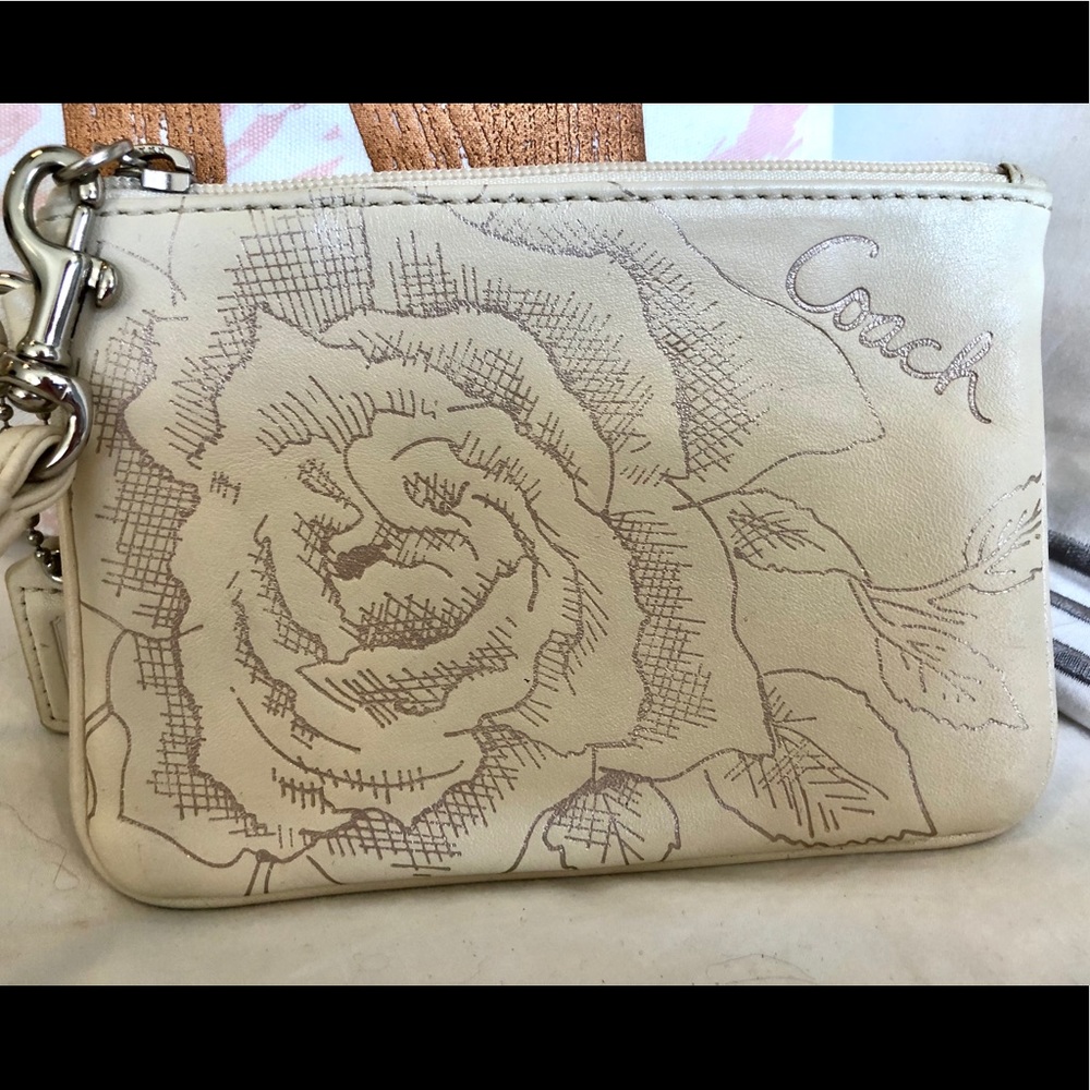 Coach Leather White Wristlet Silver Rose Painted